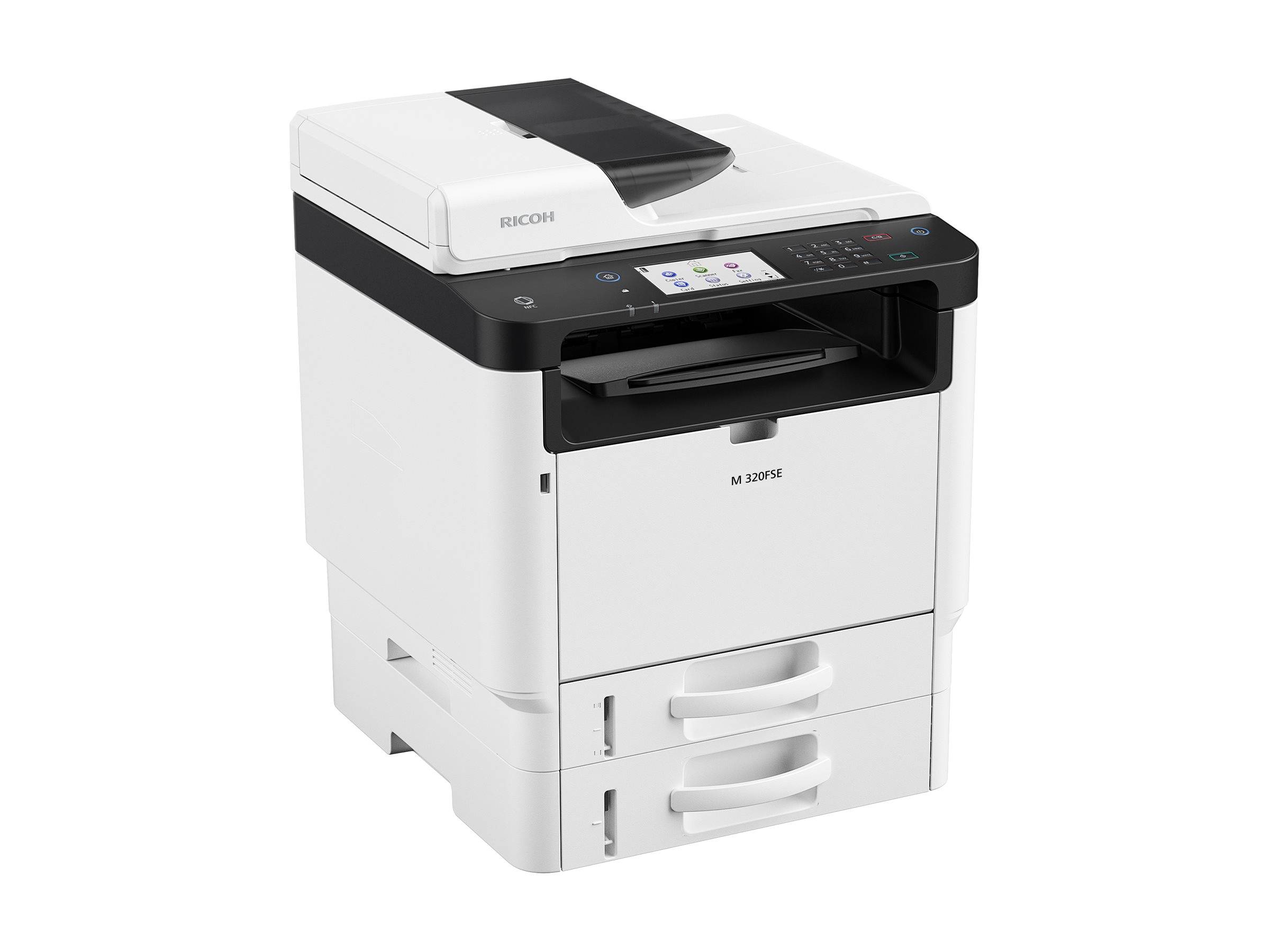 Weißer Ricoh Multifunktions-Laserdrucker mit Scanner und zwei Papierfächern, dargestellt vor weißem Hintergrund.