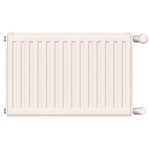 Weiß beschichteter, an der Wand montierter Flächenheizkörper mit zwei Seitenventilen auf neutralem Hintergrund.