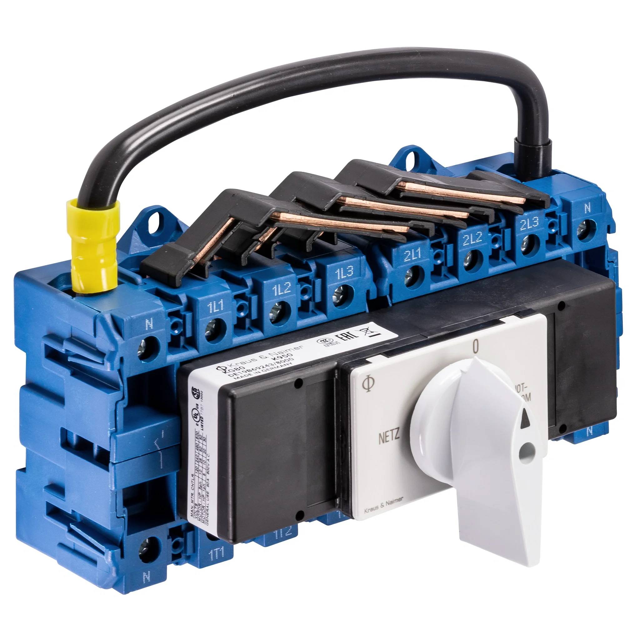 Industrieller Elektroschalter mit blauem Klemmblock, schwarzem Kabel und weißem Drehwahlschalter