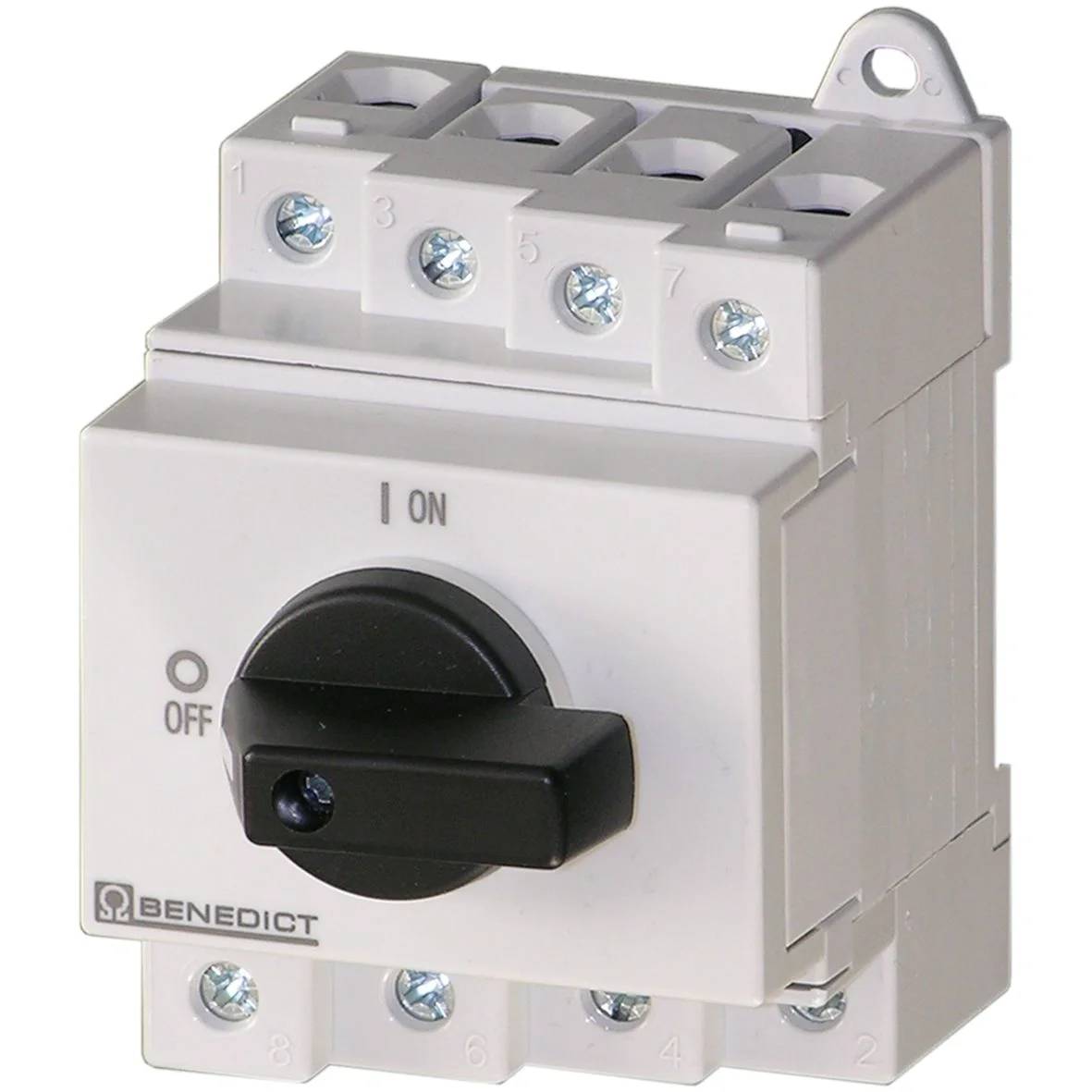 Grauer Benedict-Drehschalter mit schwarzem EIN/AUS-Knopf und Schraubklemmen, verwendet für elektrische Steuerung.
