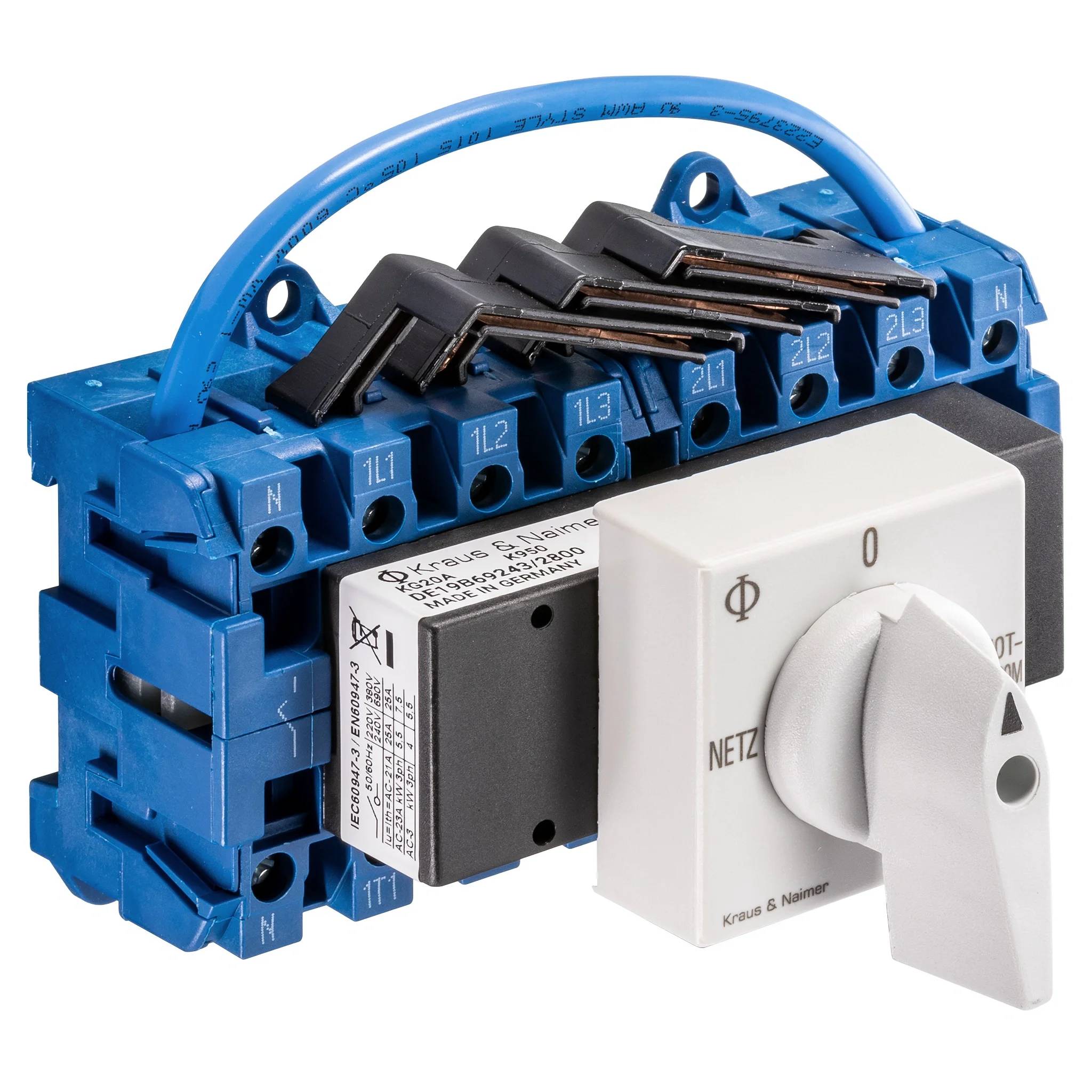 Blaue Elektroschalter-Baugruppe mit weißem Drehwähler, zeigt Klemmleisten und Verdrahtungsverbindungen auf einem industriellen Steuergerät.