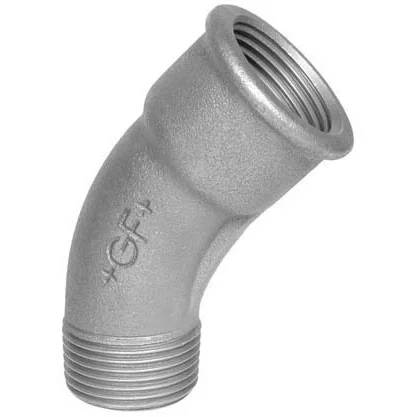 Metallisches 45-Grad-Rohrkrümmer mit Gewinde, mit Außengewinde an einem Ende und Innengewinde am anderen Ende.
