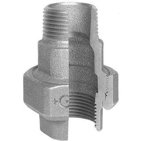 Schnittdarstellung einer metallischen Gewinderohrverschraubung mit internen konischen Gewinden und Dichtungsflächen.