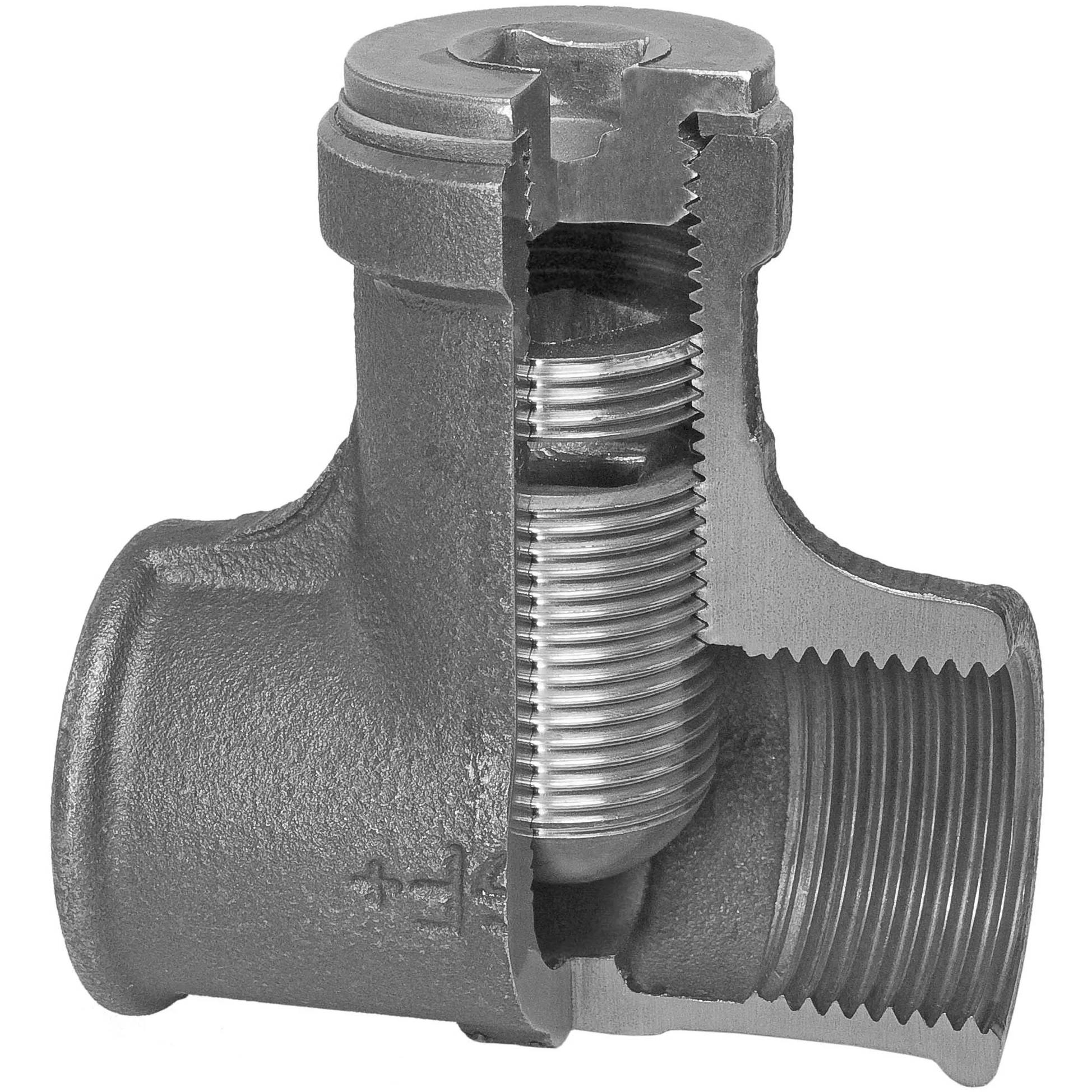 Querschnitt einer Rohrverschraubung mit internen Gewinden und einem federgespannten Ventil- oder Stöpselmechanismus in einem Metallgehäuse.