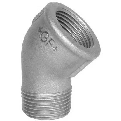 Metallischer 45-Grad-Rohrbogenfitting mit Gewinde, mit Außengewinde an einem Ende und Innengewinde am anderen Ende.
