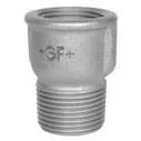 Grauer Metallfitting mit Gewindeadapter für Rohrverbindung mit Außengewinde an einem Ende und flanschiger Oberseite, gekennzeichnet mit 'GF+'.