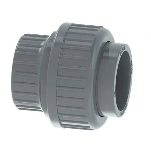 Graue PVC-Verschraubung mit gerippten Gewindeländern, isoliert auf weißem Hintergrund dargestellt.