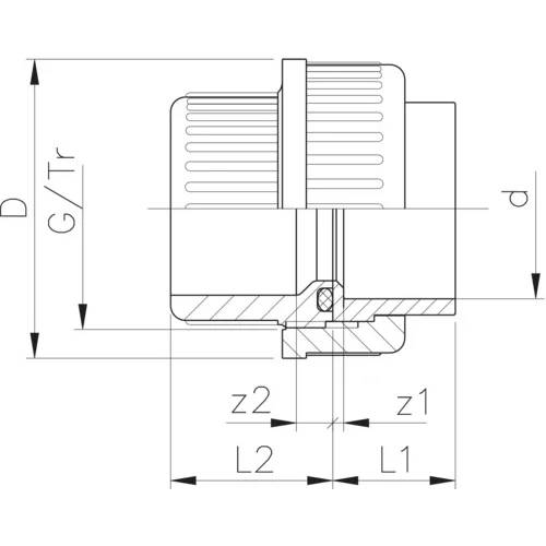 Technischer Querschnitt einer Gewinde-Steckverbindung, die die Abmessungen D, d, G/Tr, z1, z2, L1 und L2 mit einer zentralen Dichtungseinsatz zeigt.
