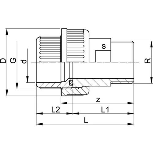 Technische Querschnittszeichnung einer Rohrverschraubung mit Gewindekorpus und mit den Buchstaben D, G, d, R, L, L1, L2, z und S gekennzeichneten Abmessungen.