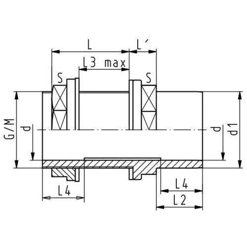 Technisches Lagerbemessungsdiagramm mit einer Welle und einem Gehäuse mit gekennzeichneten Messungen L, L', L3 max, L4, L2, S, d, d1 und G/M.