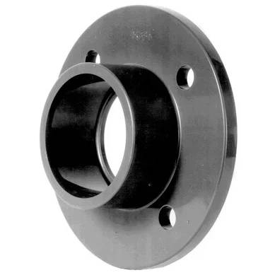 Schwarzes Metall-Flanschrohrenarmatur mit kreisförmiger Platte und vier Schraubenlöchern, dargestellt auf weißem Hintergrund.