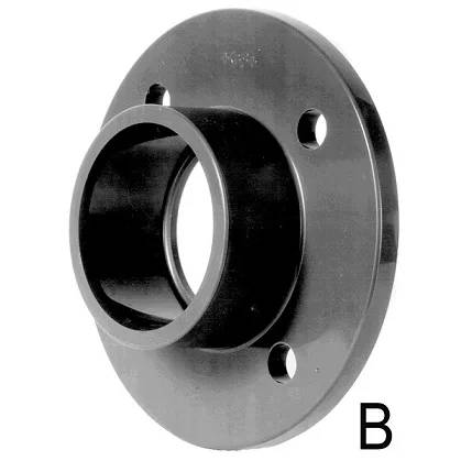 Schwarzer kreisförmiger Metallflansch mit einer zentralen erhöhten Öffnung und drei Schraubenlöchern, gekennzeichnet mit „B