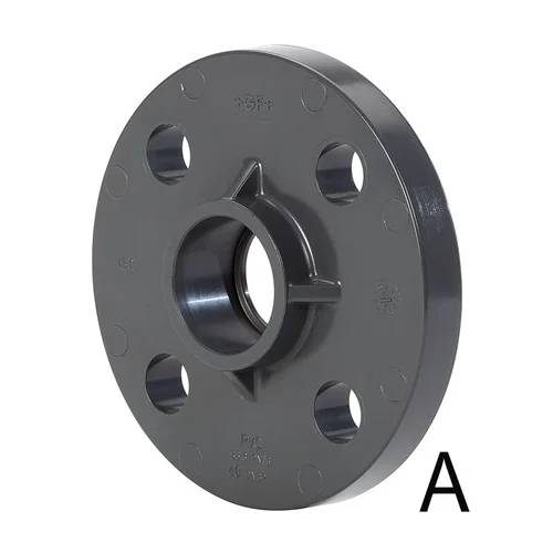 Schwarze kreisförmige PVC-Flansche mit vier Schraubenlöchern und erhöhtem Mittelnabe, mit dem Buchstaben 