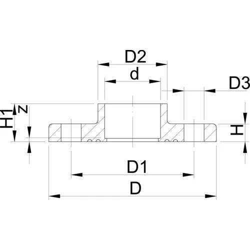Technische Querschnittszeichnung eines Flanschteiches mit Bemaßungsbezeichnungen D, D1, D2, d, D3 und H auf einem symmetrischen Profil.