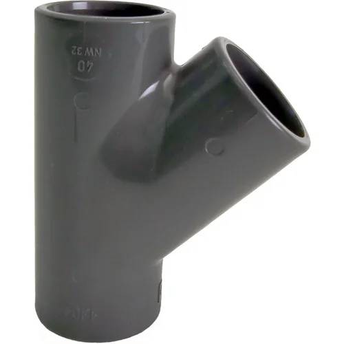 Dunkelgraue PVC-Y-Fitting-Rohrverbindung mit einer vertikalen Öffnung und einem abgewinkelten Abzweig auf weißem Hintergrund.