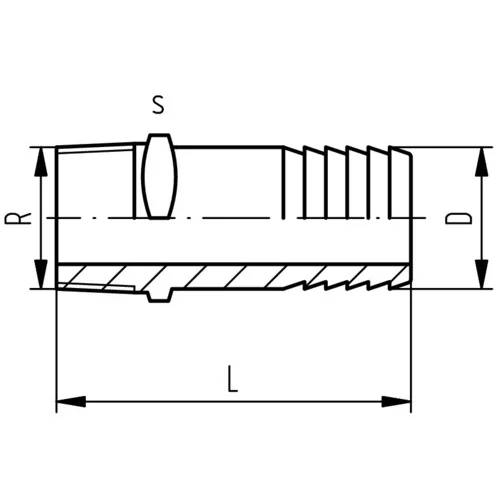 Technische Zeichnung einer Gewindezylinderschraube oder eines Verbinders mit Seitenansicht und beschrifteten Abmessungen S, R, D und L.
