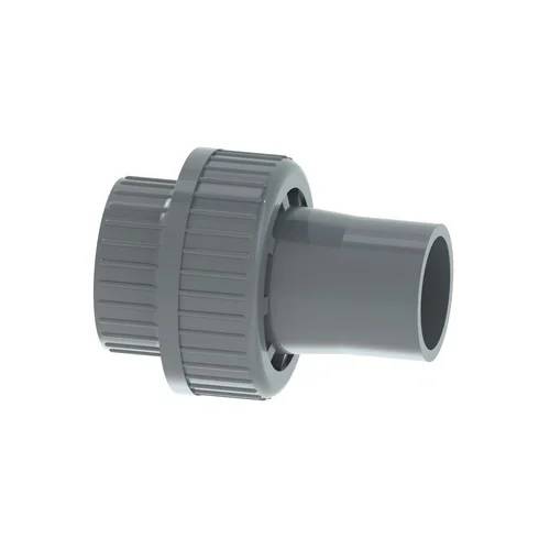 Graue PVC-Rohrkupplung mit Gewindeverschraubungsmutter und glatter Auslassöffnung auf weißem Hintergrund.