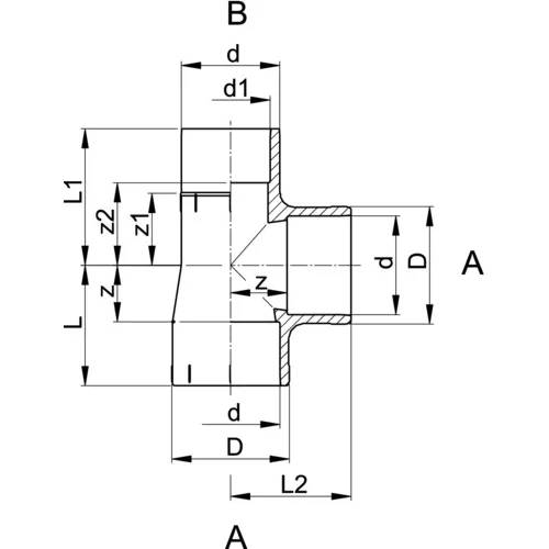 Technische Querschnittszeichnung einer gestuften Rohrverbindung oder eines Reduzierers, mit den Bezeichnungen A und B, die Abmessungen d, D, L, L1, L2, z, z1 und z2 zeigend.