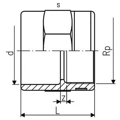 Technischer Querschnitt eines zylindrischen Bauteils mit Schlüsseldimensionen s, d, Rp, z und L sowie Pfeilen für Breite, Tiefe und Abstand.