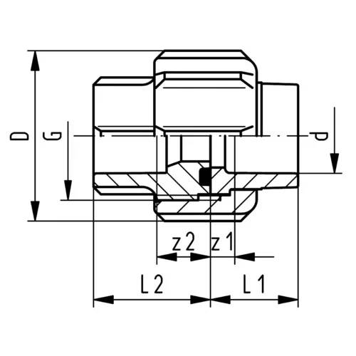 Technischer Querschnitt einer zylindrischen Ventilarmatur mit Darstellung der internen Komponenten und Maßstabbezeichnungen D, G, P, L1, L2, z1 und z2.