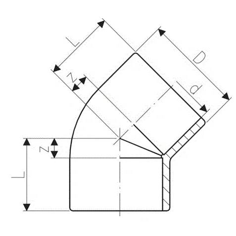 Technische Zeichnung eines gekrümmten Rohrkrümmers mit Querschnittsschraffur, die gekennzeichnete Abmessungen L, R, D, d und z zeigt.