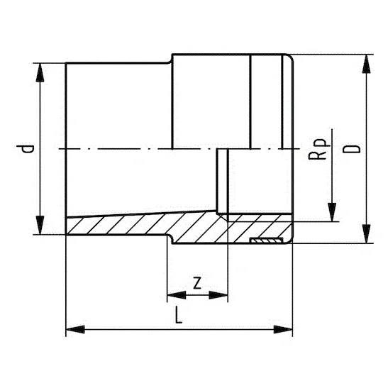Technische Querschnittszeichnung eines gestuften zylindrischen Teils mit den Abmessungen D, d, L, z und Rp mit schraffiertem Materialquerschnitt und Mittellinie.