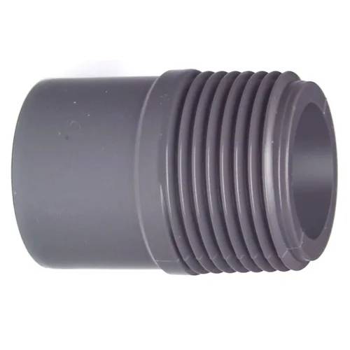 Ein grauer Kunststoff-Rohrverschraubungs-Adapter mit einem glatten zylindrischen Ende und Außengewinde am anderen Ende, dargestellt auf weißem Hintergrund.