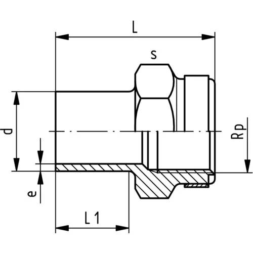 Technische Zeichnung einer Rohrverbindung mit Seitenquerschnitt und beschrifteten Abmessungen L, L1, S, d und Rp.