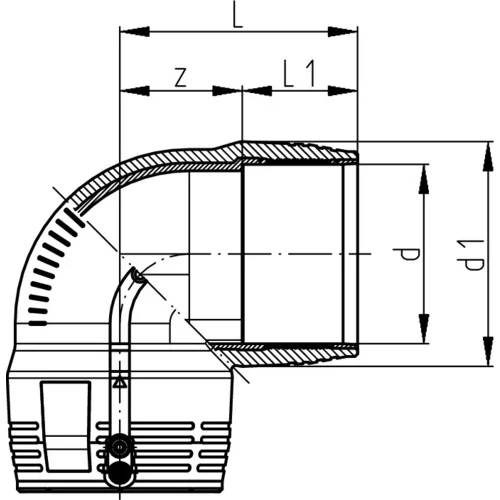 Technisches Querschnittsdiagramm einer gekrümmten Rohrbögen mit beschrifteten Abmessungen L, Z, L1, d und D für Passstückmaße.