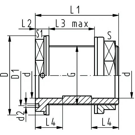 Technische bemaßte Zeichnung eines zylindrischen mechanischen Bauteils mit beschrifteten Abmessungen L1, L2, L3 max, L4, D, D1, d, d2, S1 und S mit Schnittansichten.