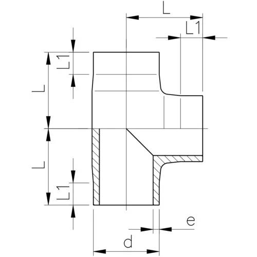 Technische Querschnittszeichnung einer gestuften Rohrverbindung, mit gekennzeichneten Abmessungen L, L1, d und e mit Pfeilen und schraffiertem Schnittflächen.