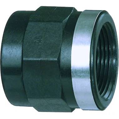 Schwarze Gewinderohrverschraubung mit einem silbernen Ring an einem Ende, gezeigt vor einem einfachen weißen Hintergrund.
