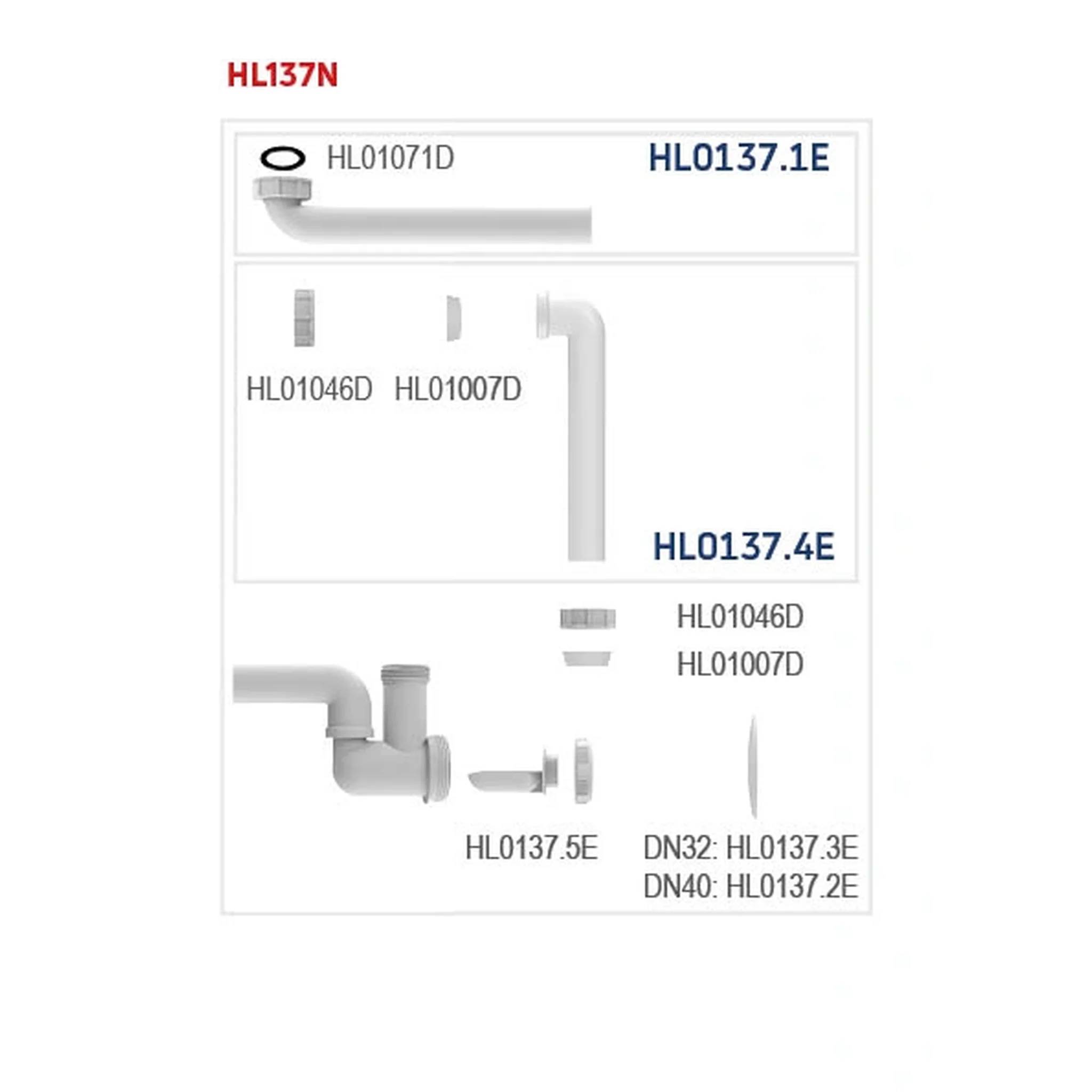 Produktdiagramm für HL137N mit gezeigten Rohren und Beschlagteilen mit gekennzeichneten Komponentencodes HL01071D, HL01046D, HL01007D, HL0137.1E, HL0137.4E, HL0137.5E, HL0137.3E und HL0137.2E.