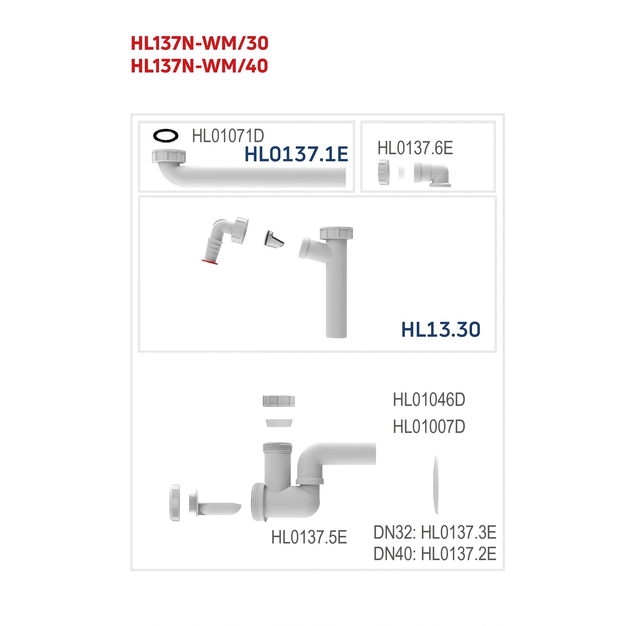 Produktdiagramm mit den Entwässerungsteilen HL137N-WM/30 und HL137N-WM/40 mit gekennzeichneten Komponentencodes und Montageansichten für HL13.30, HL0137.1E und zugehörige Anschlüsse.