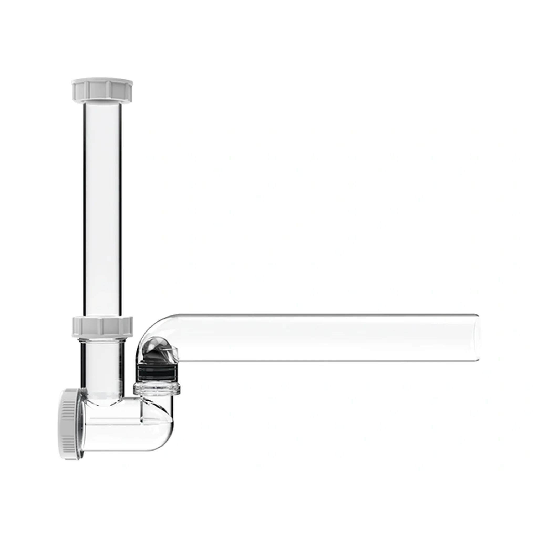 Transparente Glassiphon mit vertikalem Rohr und horizontalem Auslass auf weißem Hintergrund.