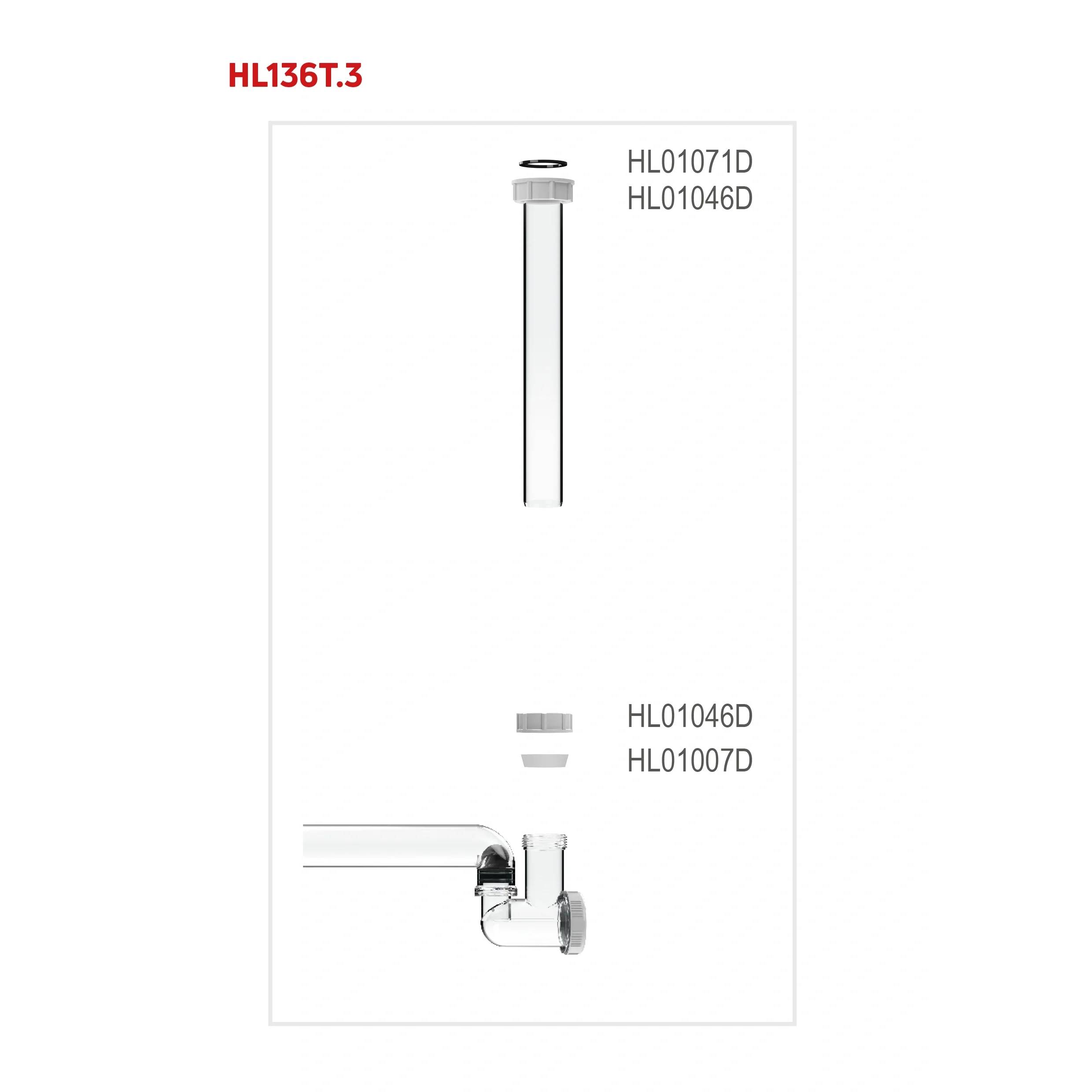 Produktdiagramm mit Bezeichnung HL136T.3 zeigt eine vertikale Rohrbaugruppe mit Teilen HL01071D, HL01046D und HL01007D, plus ein unteres Seitenansicht-Verbindungsdetail.