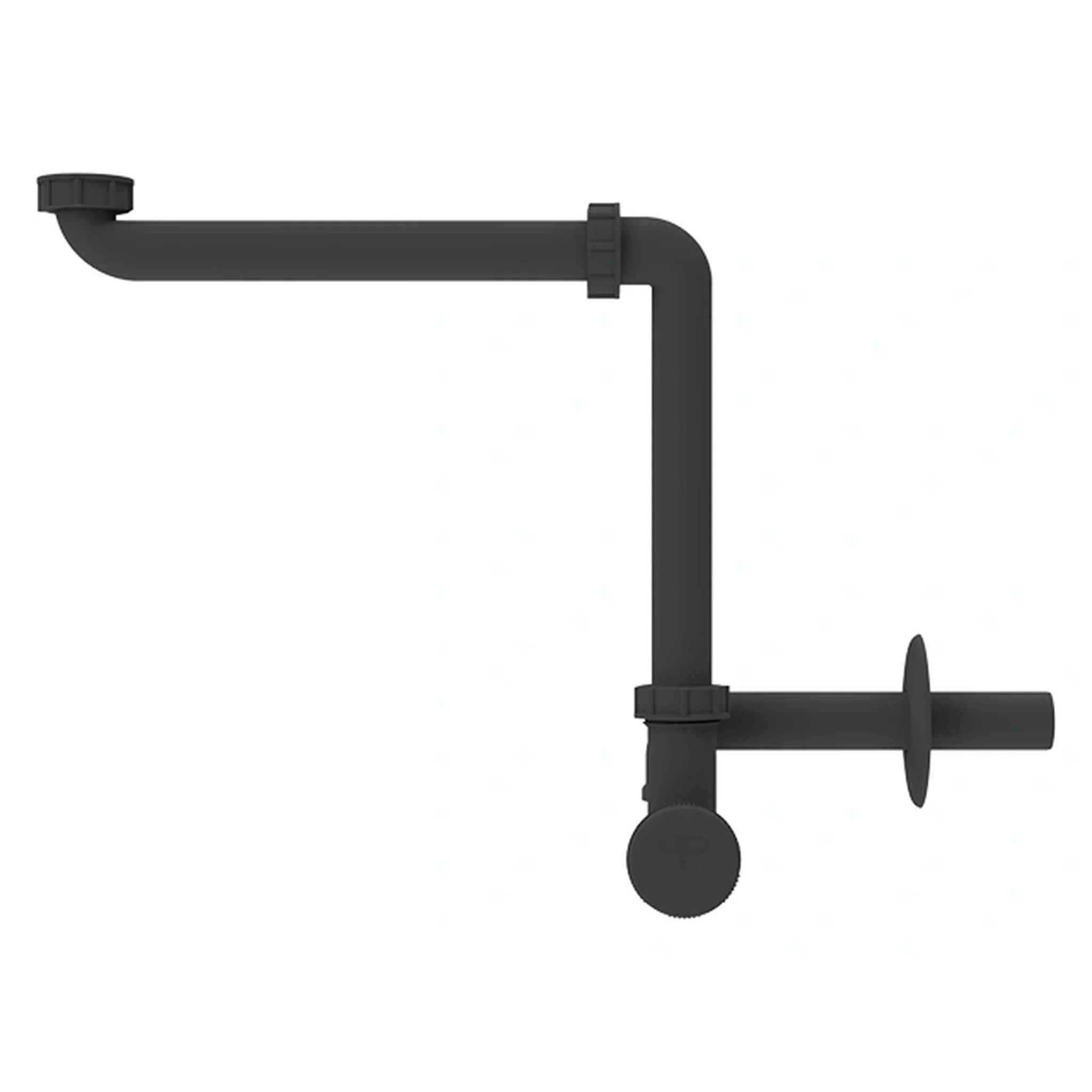 Schwarzes L-förmiges Rohr oder Drainageset mit horizontalem Rohr, vertikalem Fallrohr und Seitenauslass auf weißem Hintergrund.