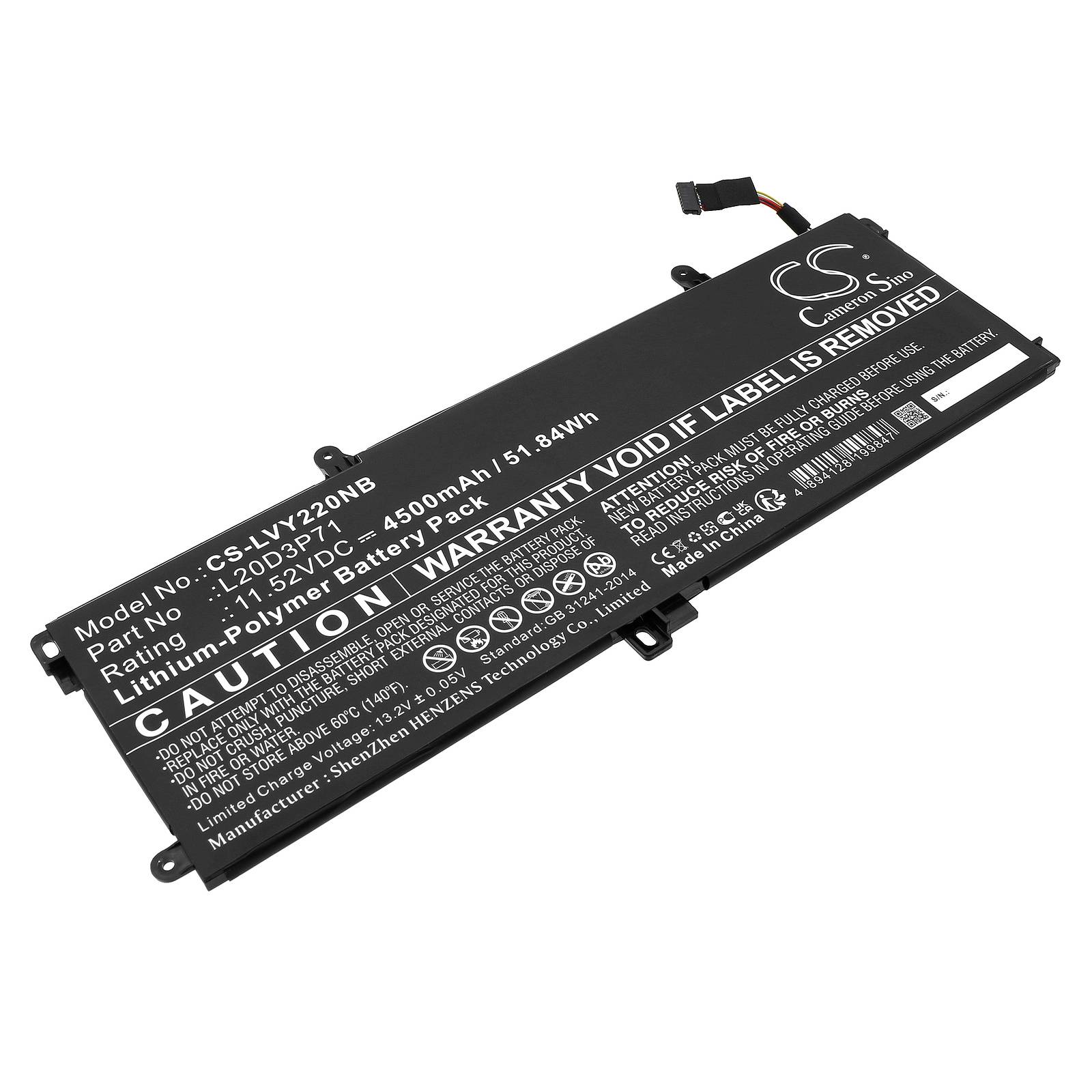Powery Akku für Lenovo ThinkPad X13 Yoga G2 20W80027AU mit Kabel, Stecker, 11,52V, Li-Polymer