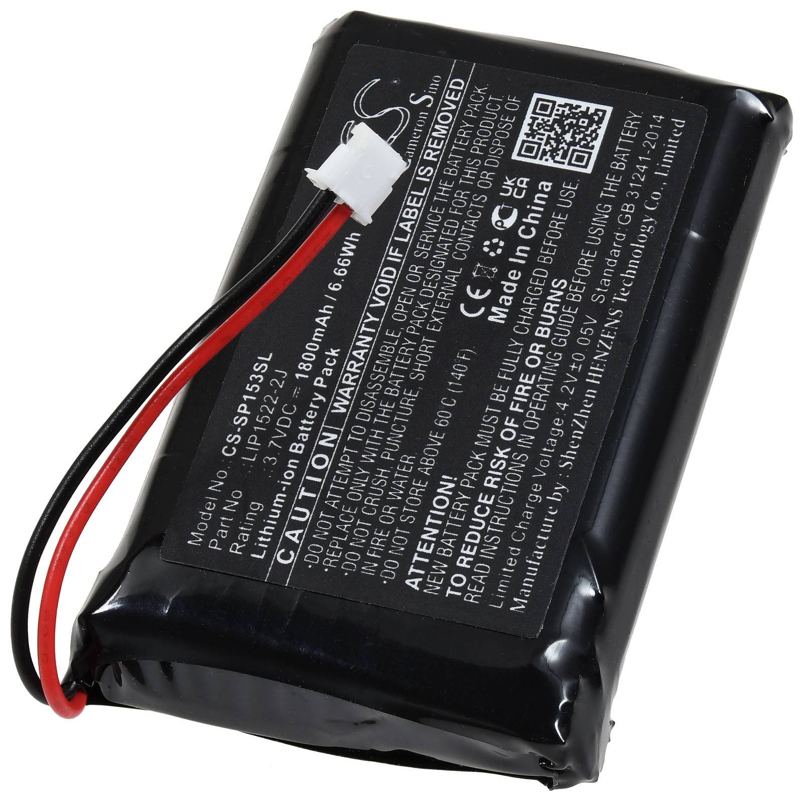 Schwarzes wiederaufladbares Lithium-Ionen-Batteriepack mit roten und schwarzen Kabeln, gekennzeichnet mit „6,6 Wh