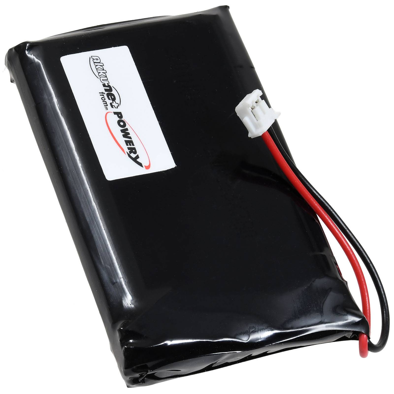 Schwarzes rechteckiges wiederaufladbares Batteriepaket mit roten und schwarzen Drähten und einem weißen Stecker.