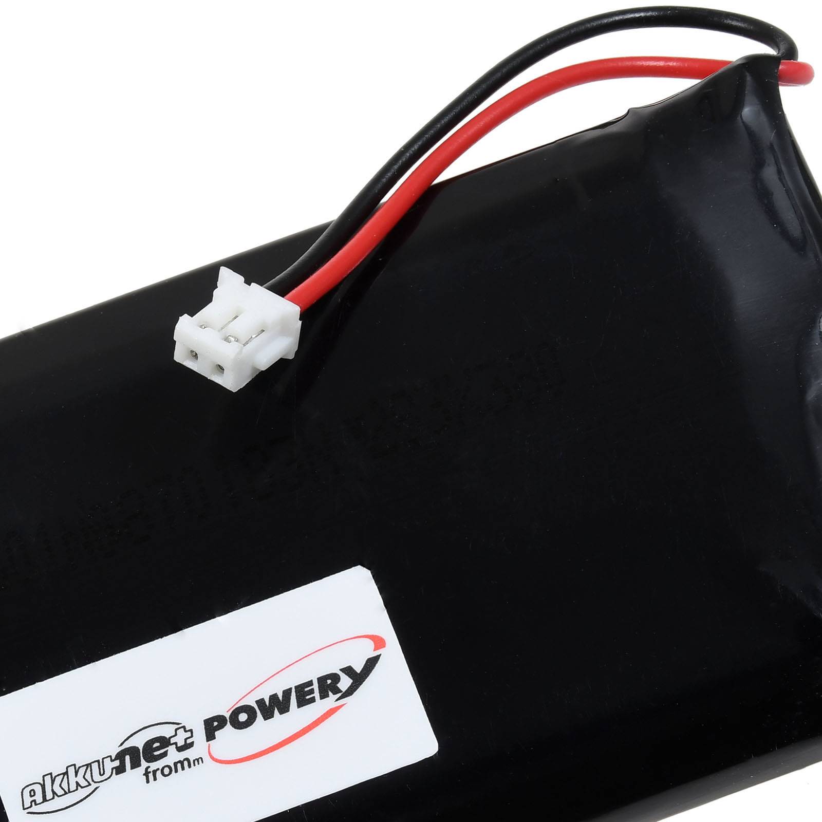 Schwarzes rechteckiges Akku-Pack mit roten und schwarzen Kabeln und einem weißen Stecker, gekennzeichnet mit „akku+ power