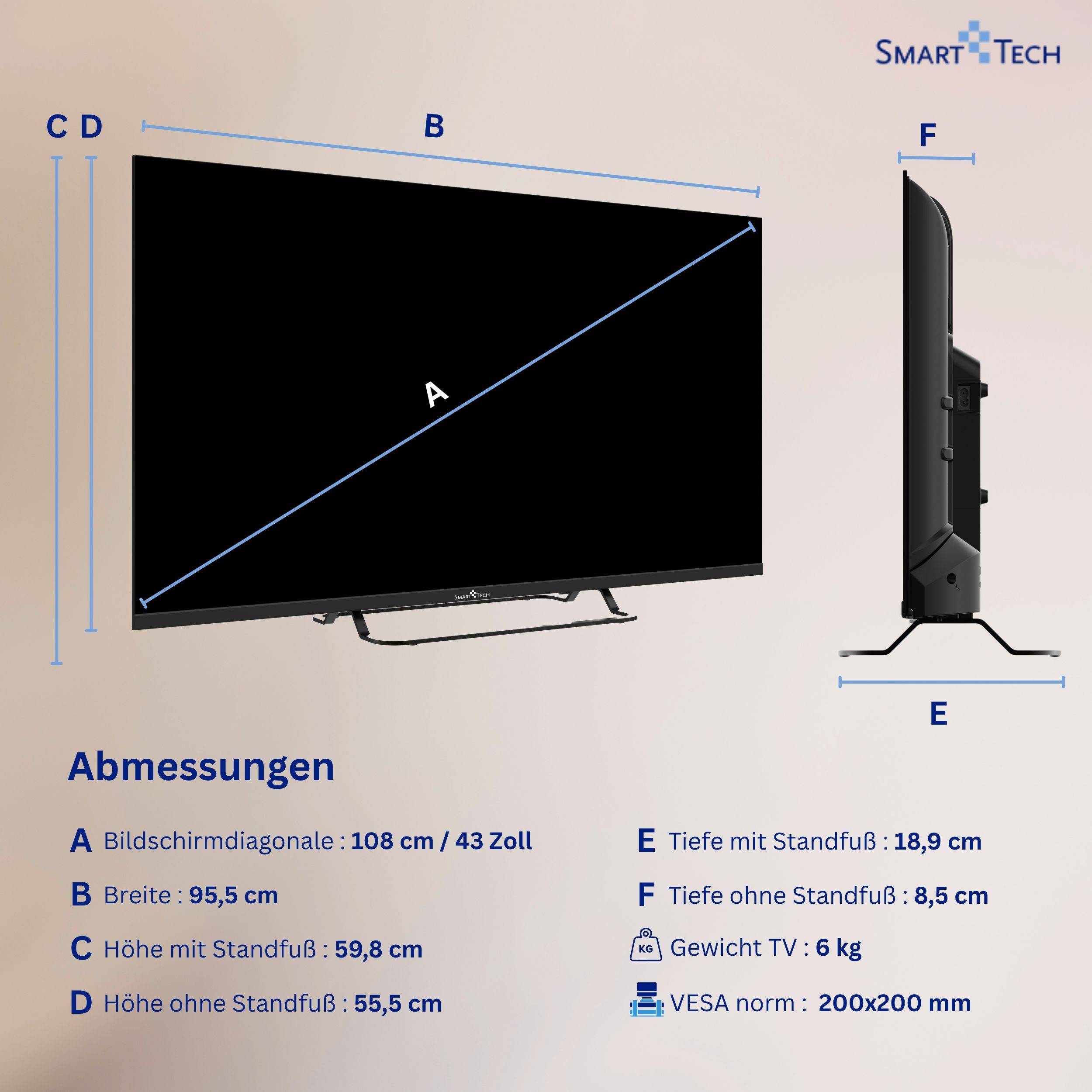 Smart Tech 43FV02V Fernseher 43 Zoll Smart TV VIDAA mit Full HD Auflösung und Triple-Tuner (2026)