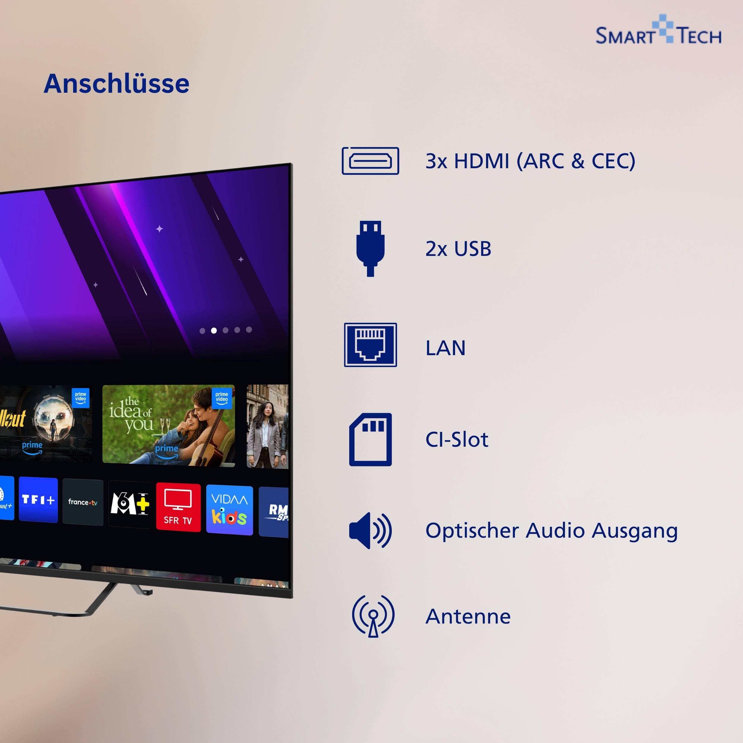 Smart Tech 50QV02K QLED Fernseher 50 Zoll Smart TV VIDAA HDR Fernseher mit 4K UHD, Bluetooth (2026)