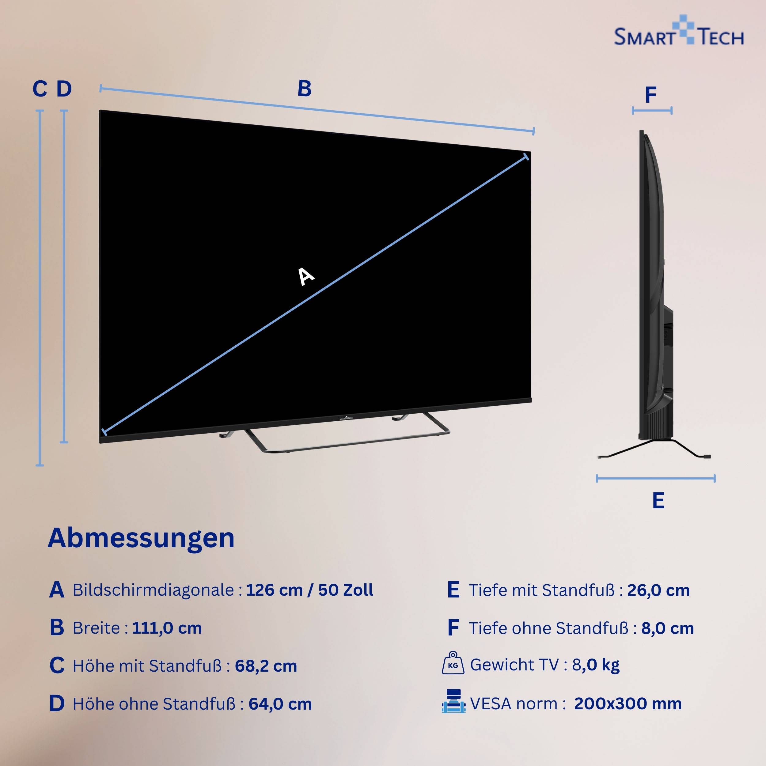 Smart Tech 50QV02K QLED Fernseher 50 Zoll Smart TV VIDAA HDR Fernseher mit 4K UHD, Bluetooth (2026)