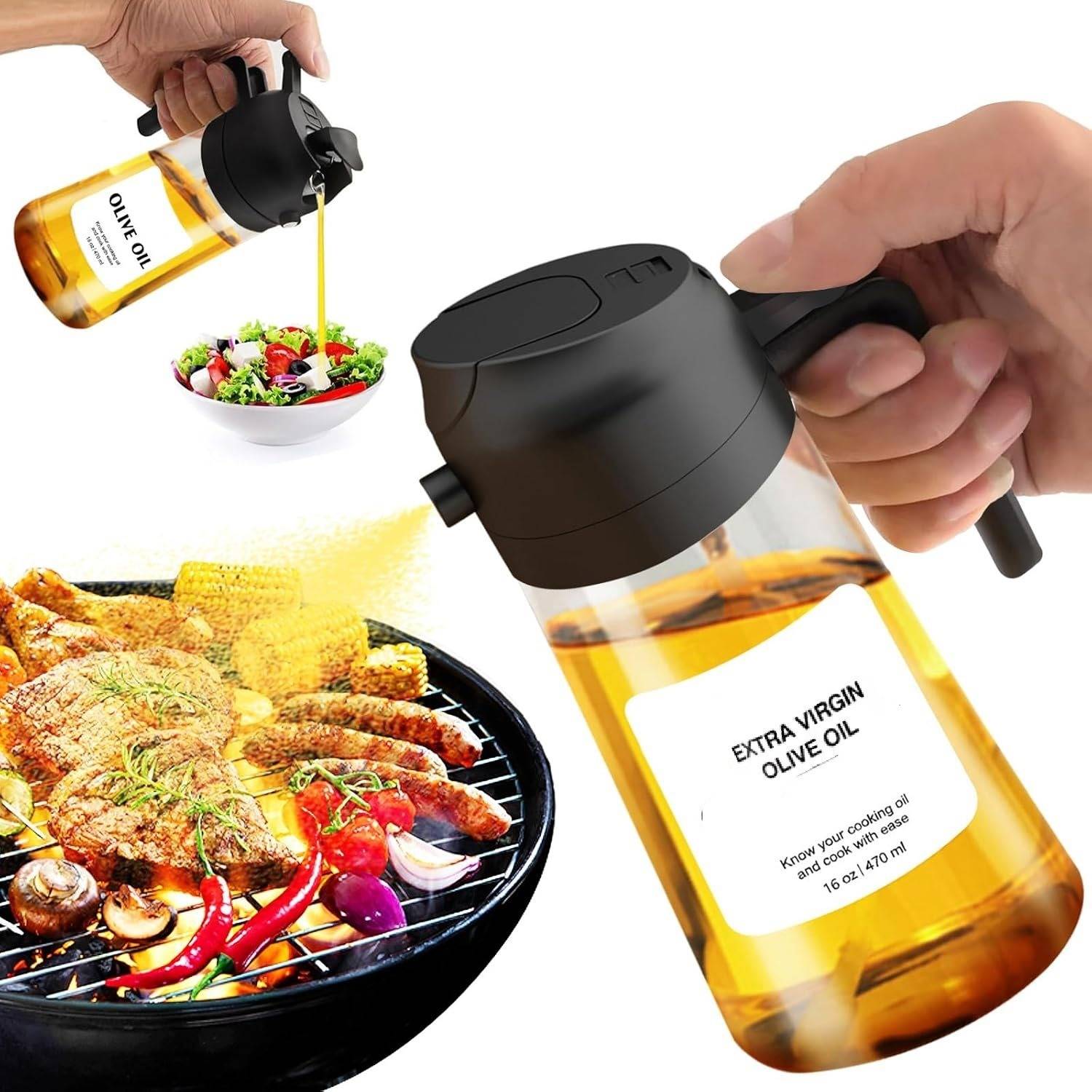 Ölsprühflasche aus dickwandigem Glas – 2-in-1 Sprüh- und Gießfunktion, lichtbeständig Black