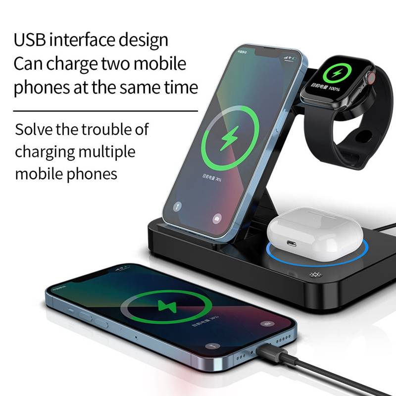 Faltbares 4-in-1-Wireless-Ladegerät für Telefon, Airpods, Apple Watch Black