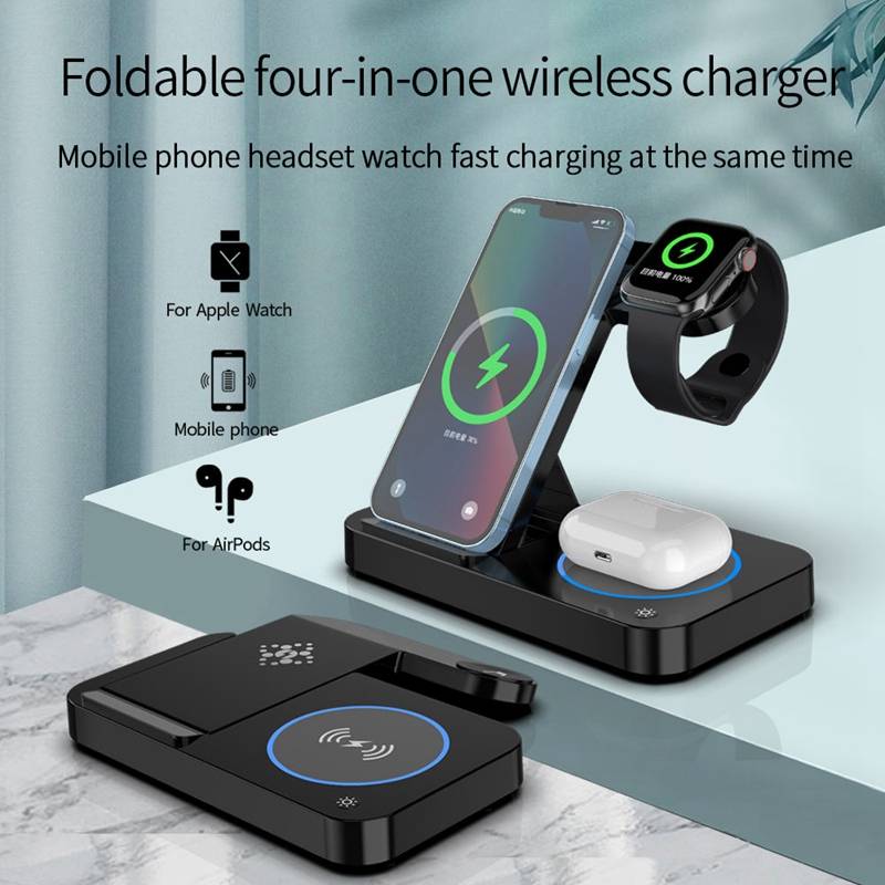 Faltbares 4-in-1-Wireless-Ladegerät für Telefon, Airpods, Apple Watch Black