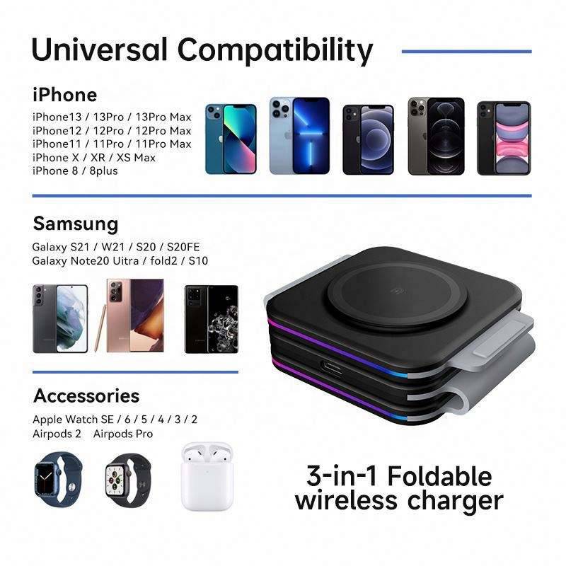3-in-1-Wireless-Ladegerät, magnetische, faltbare Ladestation Black
