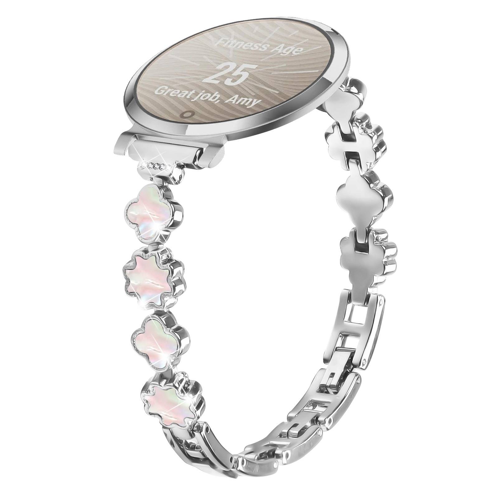 Elegantes Metallarmband mit Klee- und Perlmutt-Design, kompatibel mit Garmin Lily 2 Silver