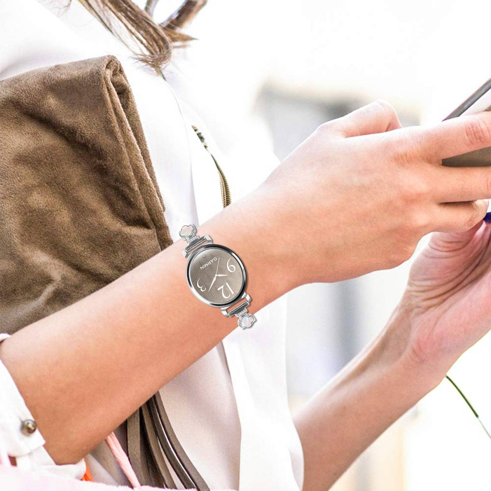 Elegantes Metallarmband mit Klee- und Perlmutt-Design, kompatibel mit Garmin Lily 2 Silver